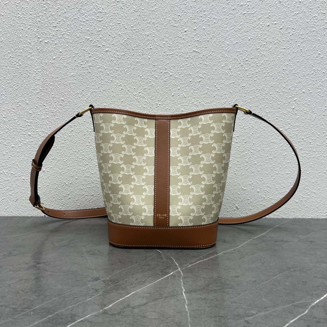 Celine Small Bucket Shoulder Bag In Triomphe Canvas And Calfskin Grey/Tan 191442